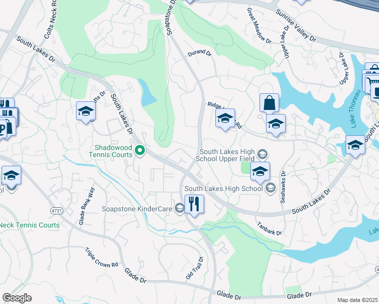 map of restaurants, bars, coffee shops, grocery stores, and more near 2104 Green Watch Way in Reston
