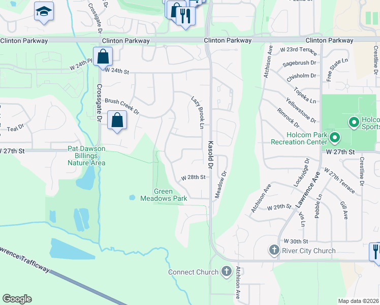map of restaurants, bars, coffee shops, grocery stores, and more near 2600 Jordan Lane in Lawrence