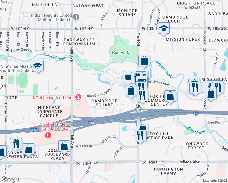map of restaurants, bars, coffee shops, grocery stores, and more near 5051 Indian Creek Parkway in Overland Park
