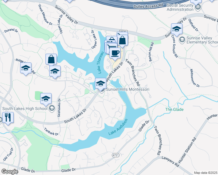 map of restaurants, bars, coffee shops, grocery stores, and more near 2528 Brenton Point Drive in Reston