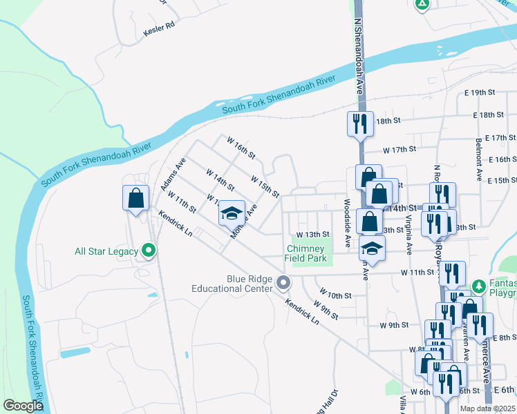 map of restaurants, bars, coffee shops, grocery stores, and more near 1317 Monroe Avenue in Front Royal
