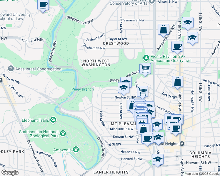 map of restaurants, bars, coffee shops, grocery stores, and more near 1845 Ingleside Terrace Northwest in Washington