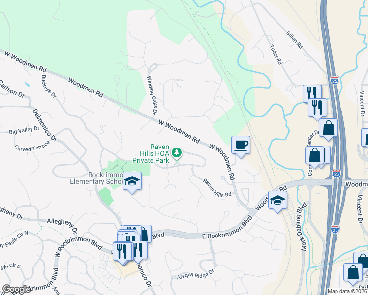 map of restaurants, bars, coffee shops, grocery stores, and more near 40 Raven Hills Court in Colorado Springs