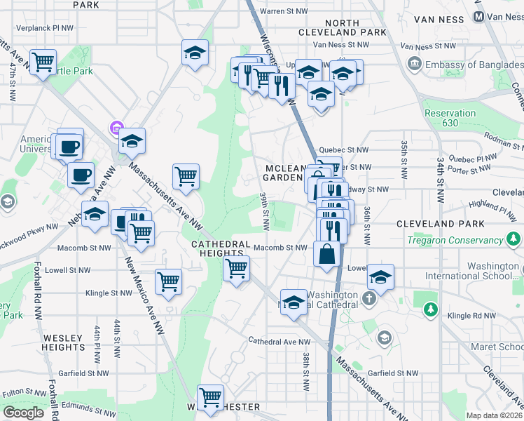 map of restaurants, bars, coffee shops, grocery stores, and more near 3470 39th Street Northwest in Washington