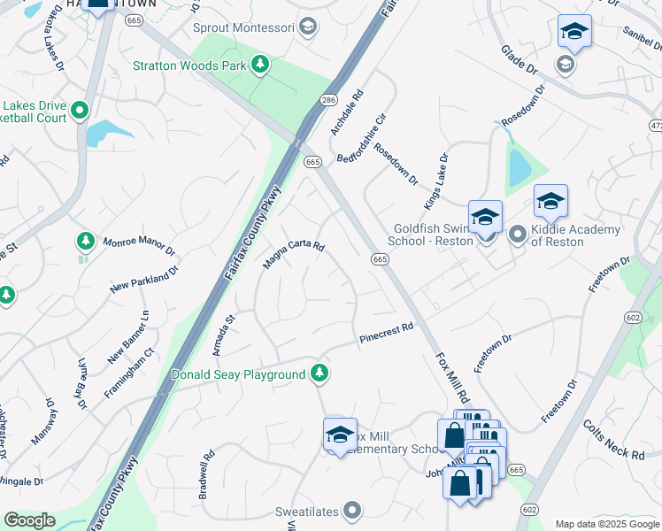 map of restaurants, bars, coffee shops, grocery stores, and more near 12600 Denmark Drive in Herndon