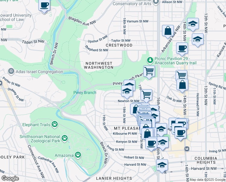 map of restaurants, bars, coffee shops, grocery stores, and more near 1845 Ingleside Terrace Northwest in Washington