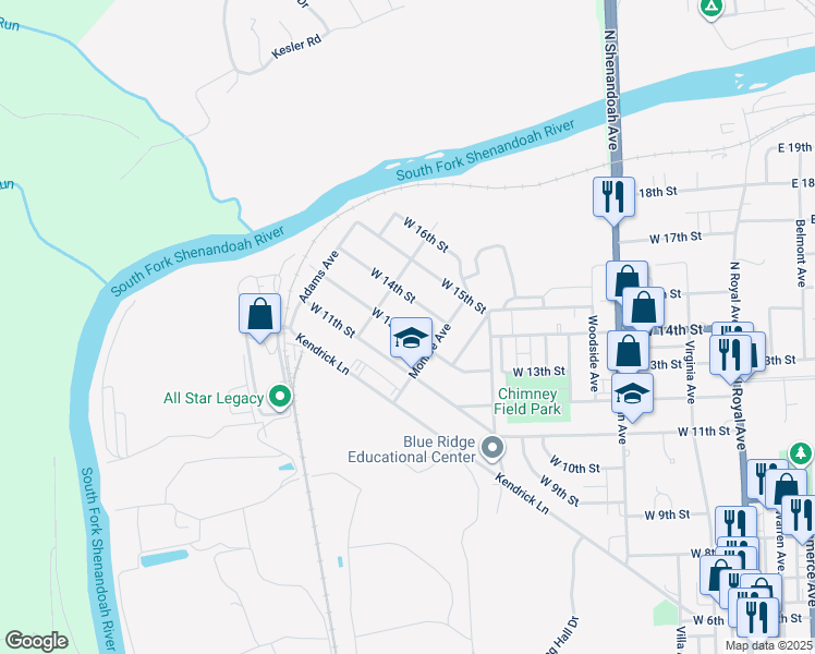 map of restaurants, bars, coffee shops, grocery stores, and more near 719 West 13th Street in Front Royal