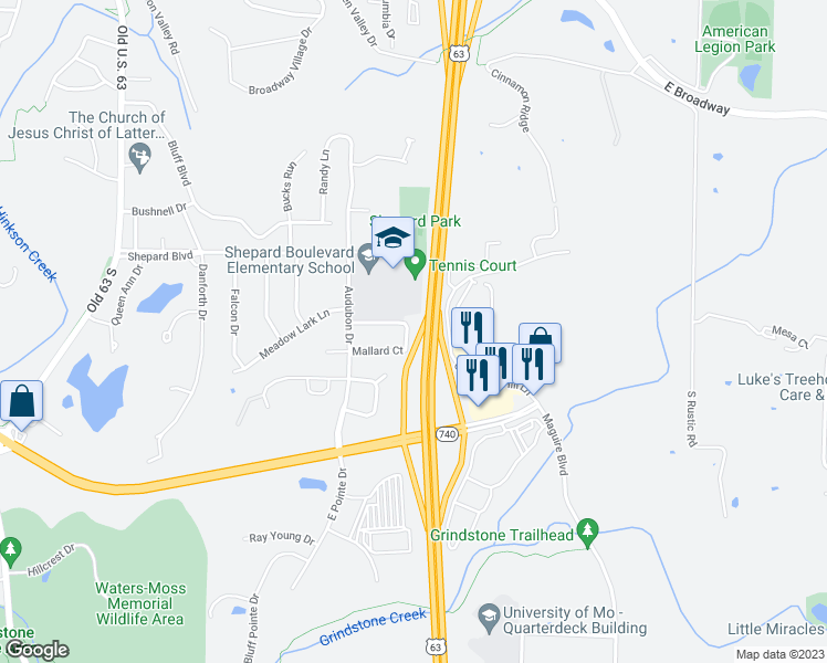 map of restaurants, bars, coffee shops, grocery stores, and more near 1304 Teal Drive in Columbia