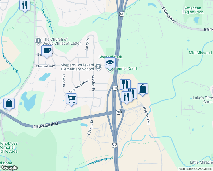 map of restaurants, bars, coffee shops, grocery stores, and more near 2706 Cardinal Drive in Columbia