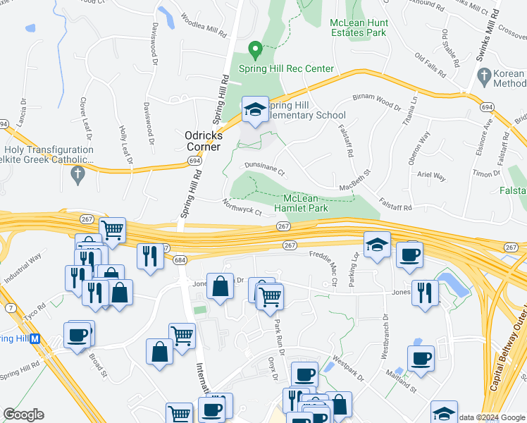 map of restaurants, bars, coffee shops, grocery stores, and more near 1381 Northwyck Court in McLean