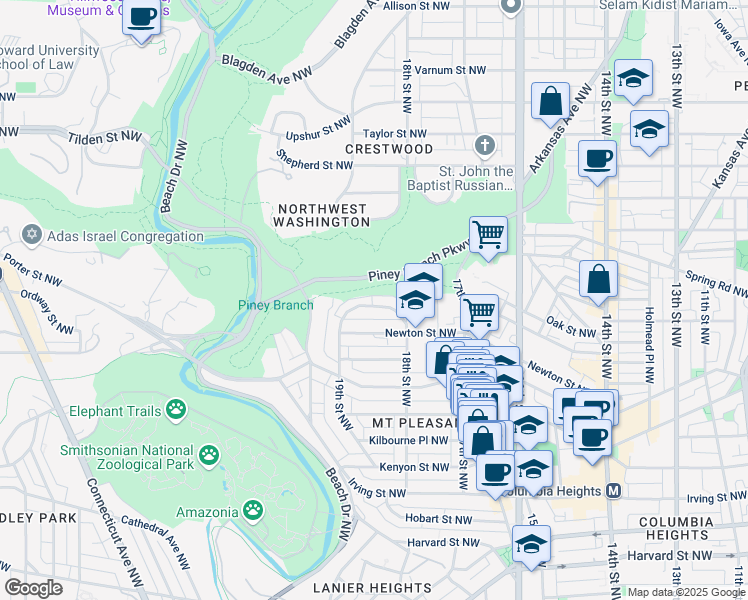 map of restaurants, bars, coffee shops, grocery stores, and more near 1841 Ingleside Terrace Northwest in Washington
