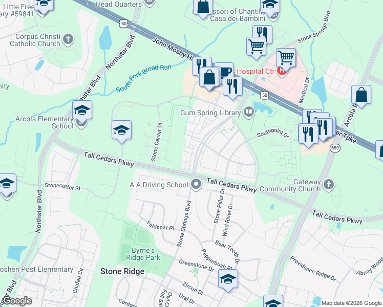 map of restaurants, bars, coffee shops, grocery stores, and more near Rosebay Terrace in Aldie