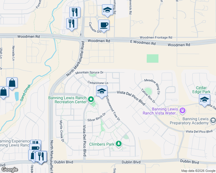 map of restaurants, bars, coffee shops, grocery stores, and more near 7193 Cottonwood Tree Drive in Colorado Springs