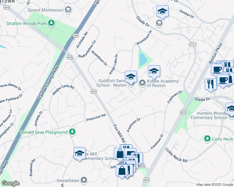 map of restaurants, bars, coffee shops, grocery stores, and more near 12504 Fox View Way in Reston