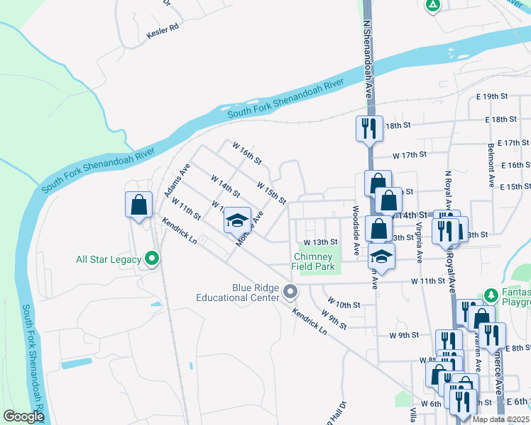 map of restaurants, bars, coffee shops, grocery stores, and more near 1319 Monroe Avenue in Front Royal