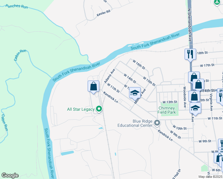 map of restaurants, bars, coffee shops, grocery stores, and more near 822 West 11th Street in Front Royal