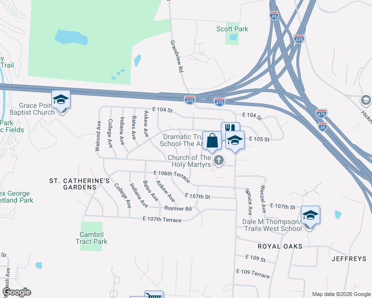 map of restaurants, bars, coffee shops, grocery stores, and more near 10525 Cleveland Avenue in Kansas City