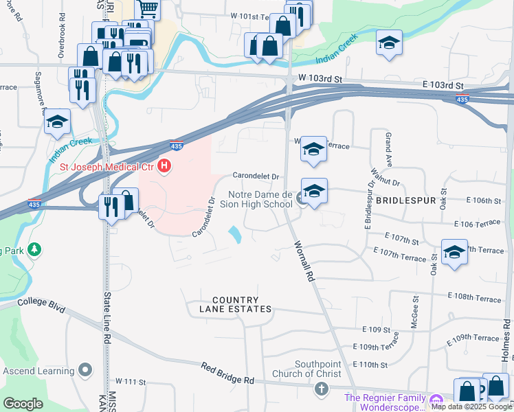 map of restaurants, bars, coffee shops, grocery stores, and more near 10620 Jefferson Street in Kansas City
