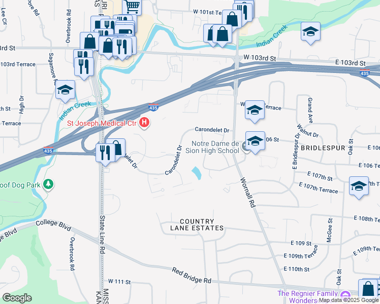 map of restaurants, bars, coffee shops, grocery stores, and more near 521 Carondelet Dr in Kansas City