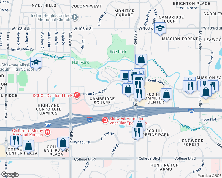 map of restaurants, bars, coffee shops, grocery stores, and more near 5051 Indian Creek Parkway in Overland Park