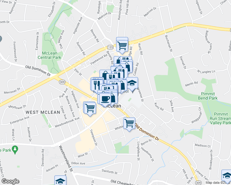 map of restaurants, bars, coffee shops, grocery stores, and more near 6720 Curran Street in McLean