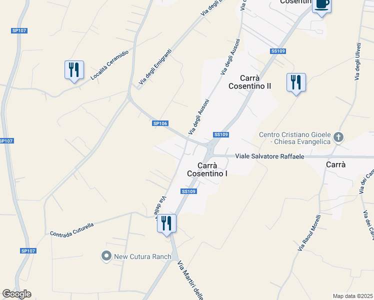 map of restaurants, bars, coffee shops, grocery stores, and more near 1 Via delle Vigne in Carrà Cosentino I