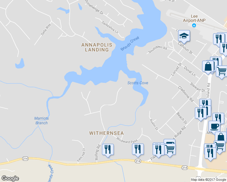 map of restaurants, bars, coffee shops, grocery stores, and more near 3160 Rolling Road in Edgewater