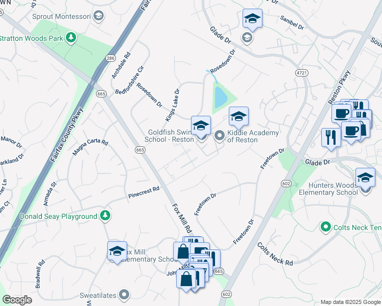 map of restaurants, bars, coffee shops, grocery stores, and more near 12495 Fox View Way in Reston