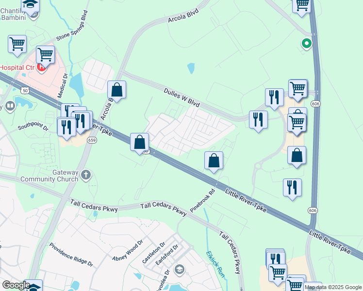 map of restaurants, bars, coffee shops, grocery stores, and more near 24720 Malibu Terrace in Sterling