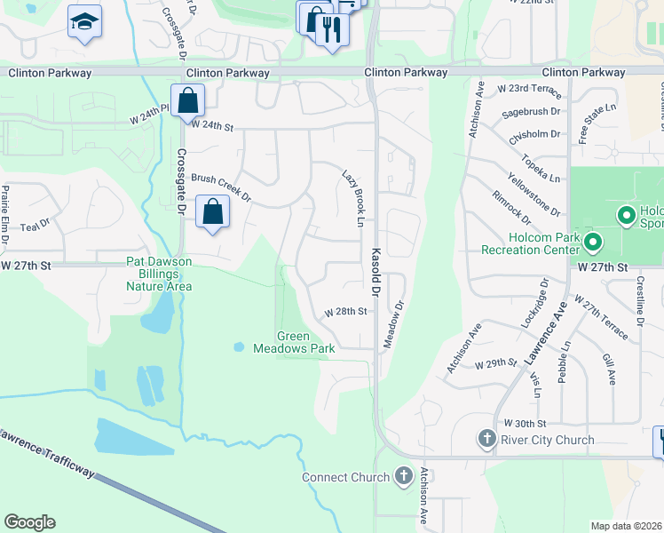 map of restaurants, bars, coffee shops, grocery stores, and more near 2600 Jordan Lane in Lawrence