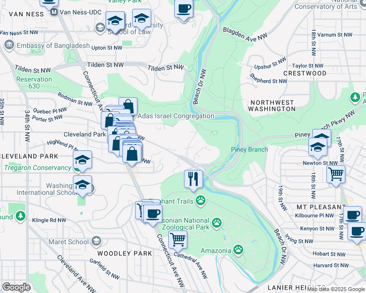 map of restaurants, bars, coffee shops, grocery stores, and more near 3514 Williamsburg Lane Northwest in Washington