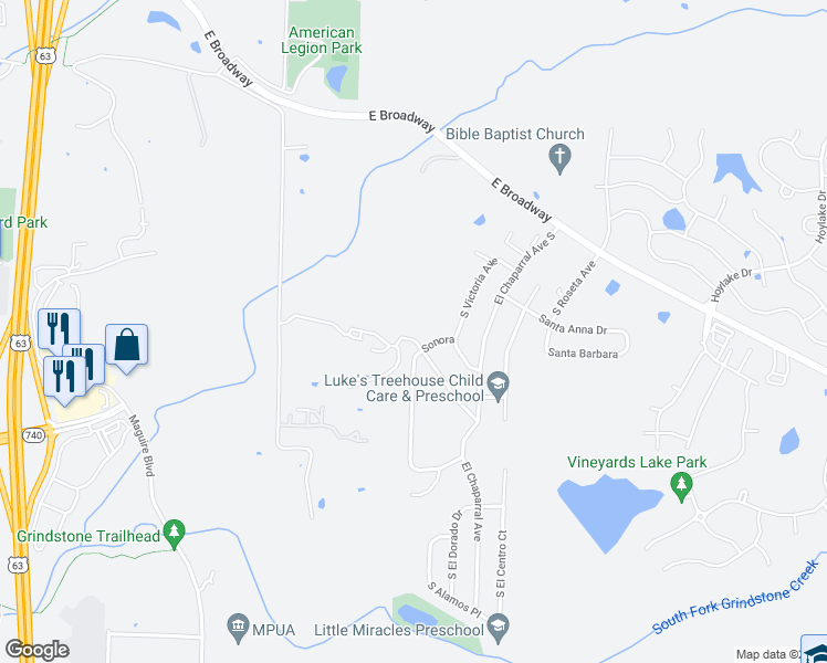 map of restaurants, bars, coffee shops, grocery stores, and more near 1332 South Mesa Drive in Columbia