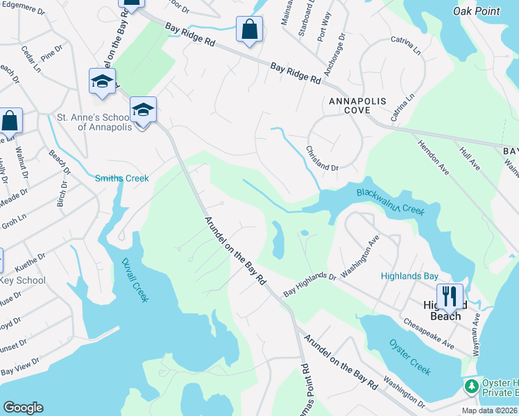 map of restaurants, bars, coffee shops, grocery stores, and more near 1352 Moyer Road in Annapolis