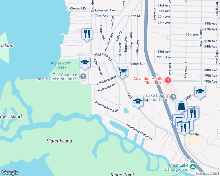 map of restaurants, bars, coffee shops, grocery stores, and more near 15155 Woodside Drive in Clearlake