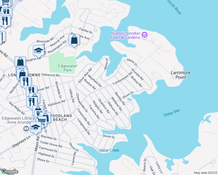 map of restaurants, bars, coffee shops, grocery stores, and more near 603 Londontown Road in Edgewater