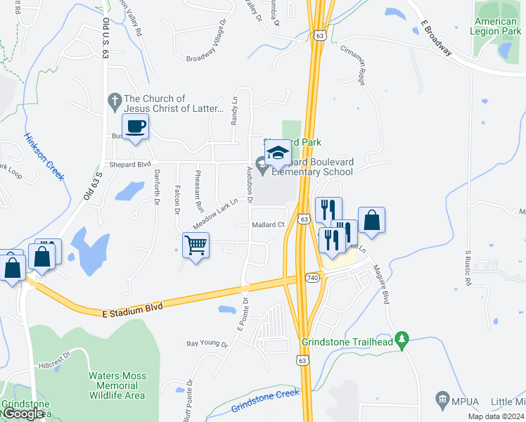 map of restaurants, bars, coffee shops, grocery stores, and more near 2612 Cardinal Drive in Columbia