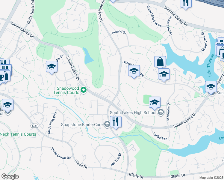 map of restaurants, bars, coffee shops, grocery stores, and more near 2106 Green Watch Way in Reston
