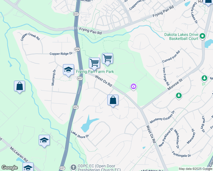 map of restaurants, bars, coffee shops, grocery stores, and more near 2718 West Ox Road in Herndon
