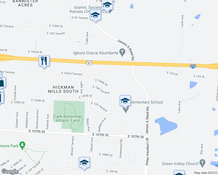 map of restaurants, bars, coffee shops, grocery stores, and more near 8413 East 104th Street in Kansas City