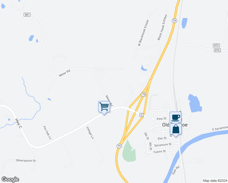 map of restaurants, bars, coffee shops, grocery stores, and more near 1380 Meier Road in Old Monroe