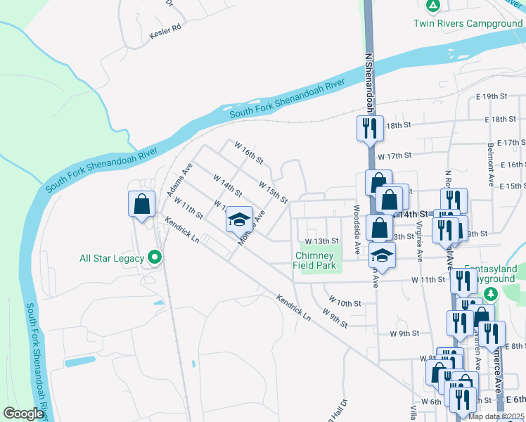 map of restaurants, bars, coffee shops, grocery stores, and more near 1319 Monroe Avenue in Front Royal