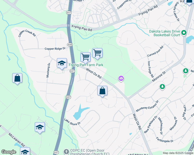 map of restaurants, bars, coffee shops, grocery stores, and more near 2718 W Ox Rd in Herndon