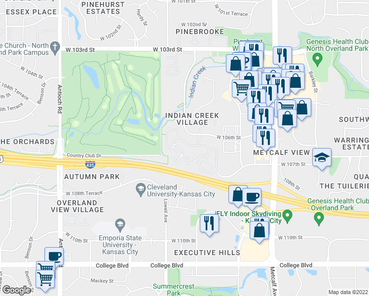 map of restaurants, bars, coffee shops, grocery stores, and more near 7575 West 106th Street in Overland Park