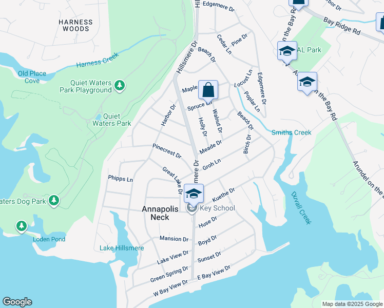 map of restaurants, bars, coffee shops, grocery stores, and more near 500 Hillsmere Drive in Annapolis