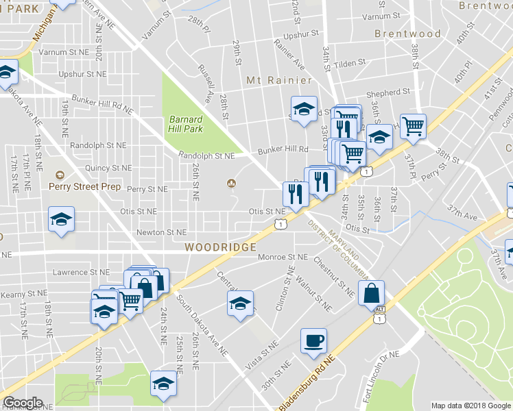 map of restaurants, bars, coffee shops, grocery stores, and more near 3704 30th Place Northeast in Washington