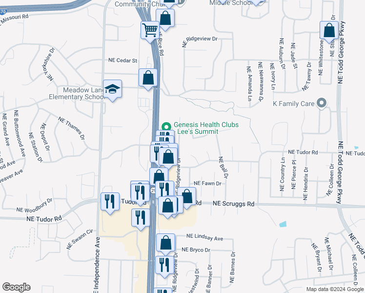 map of restaurants, bars, coffee shops, grocery stores, and more near 1301 Northeast Ridgeview Drive in Lee's Summit