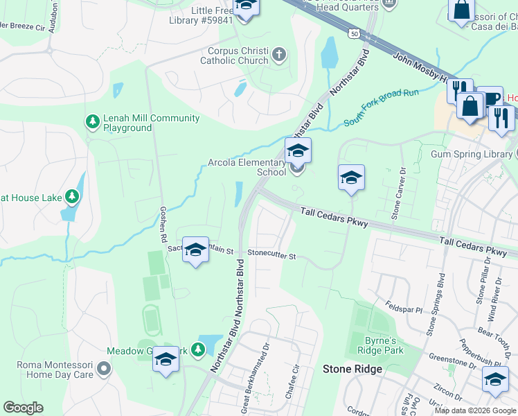 map of restaurants, bars, coffee shops, grocery stores, and more near 24669 Capecastle Terrace in Aldie