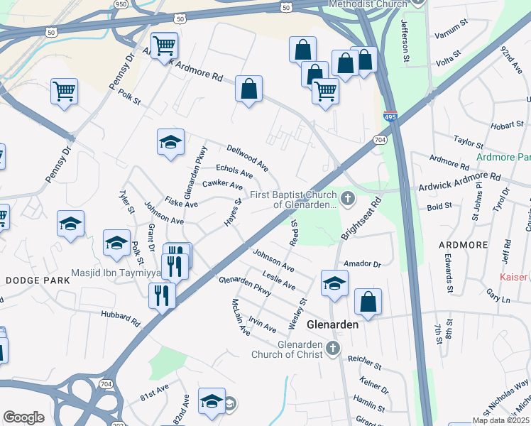map of restaurants, bars, coffee shops, grocery stores, and more near 8223 Dellwood Court in Glenarden