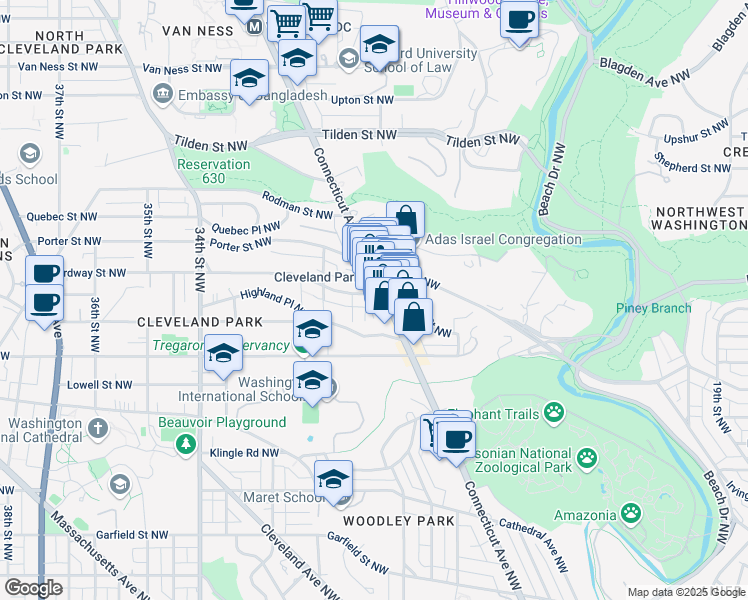 map of restaurants, bars, coffee shops, grocery stores, and more near 3446 Connecticut Avenue Northwest in Washington