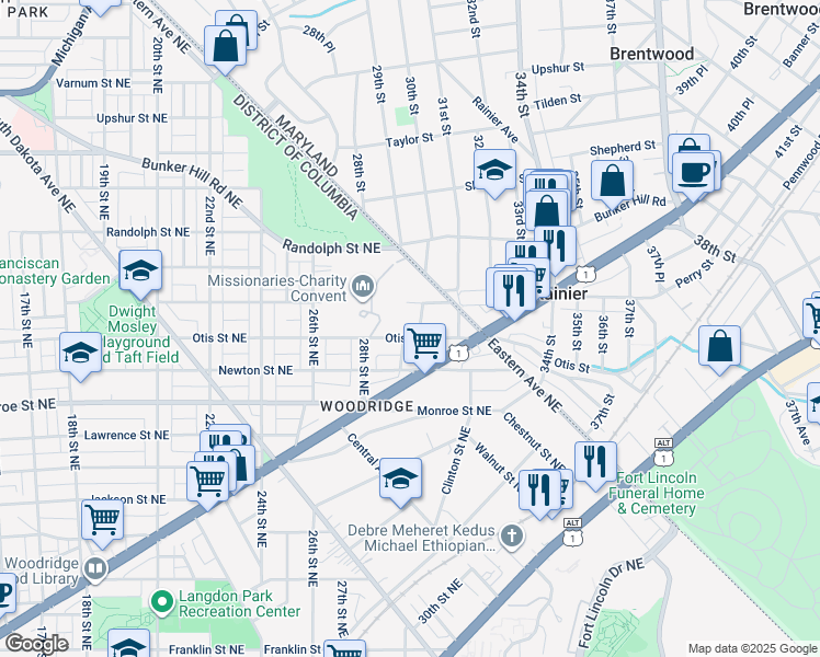 map of restaurants, bars, coffee shops, grocery stores, and more near 3704 30th Place Northeast in Washington